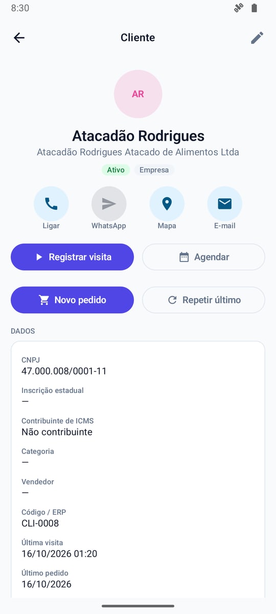 Ficha do cliente no app