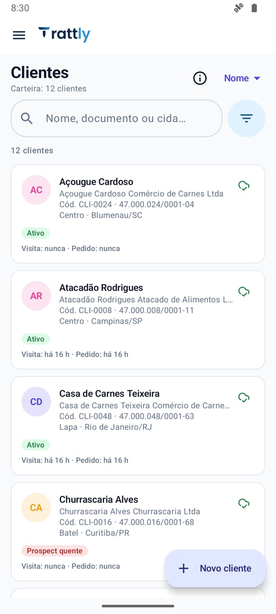 Carteira de clientes no app