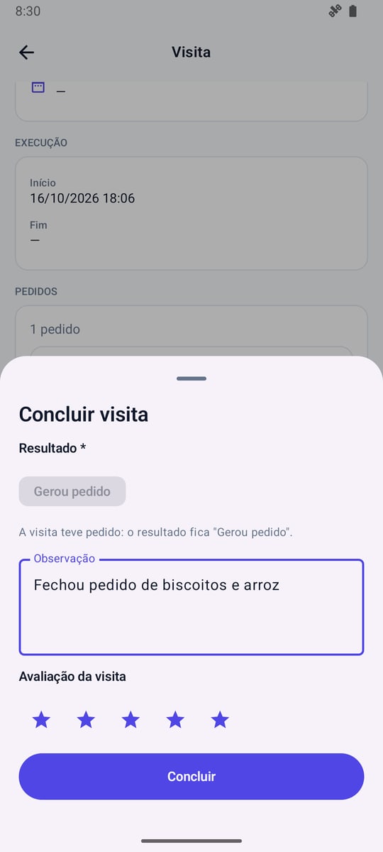 Concluir visita com resultado e avaliação