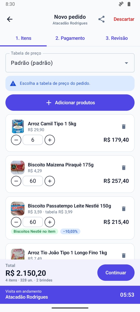 Itens do pedido com desconto e brinde