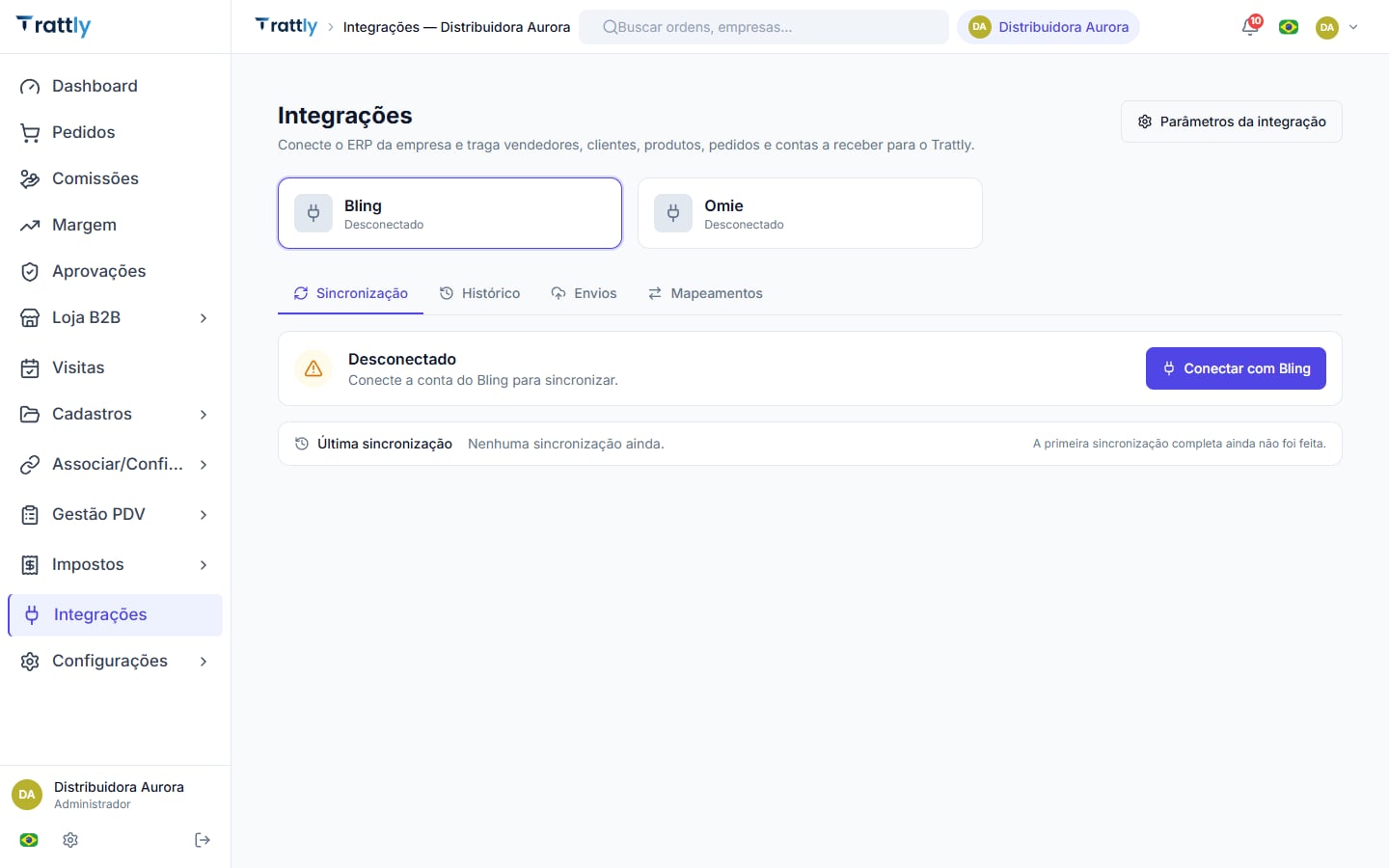 Tela de integrações com Bling e Omie